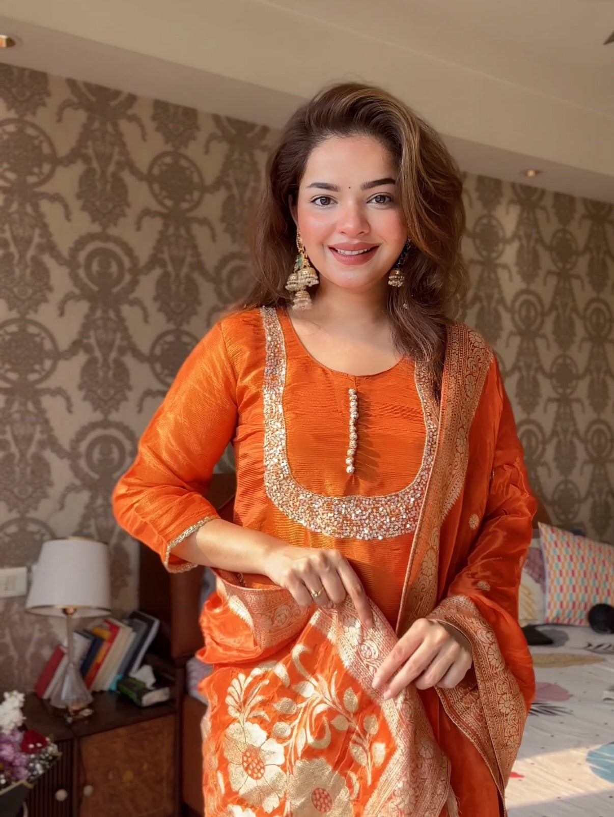 Rust Orange Embroidered Sharara Suit Set with Printed Dupatta
