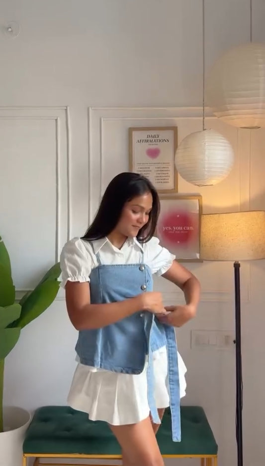 Light Blue Denim Corset Wrap Top with Waist Tie Belt