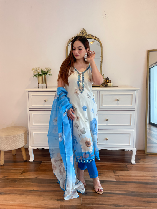Blue Floral Printed Suit Set with Mirror Work & Organza Dupatta