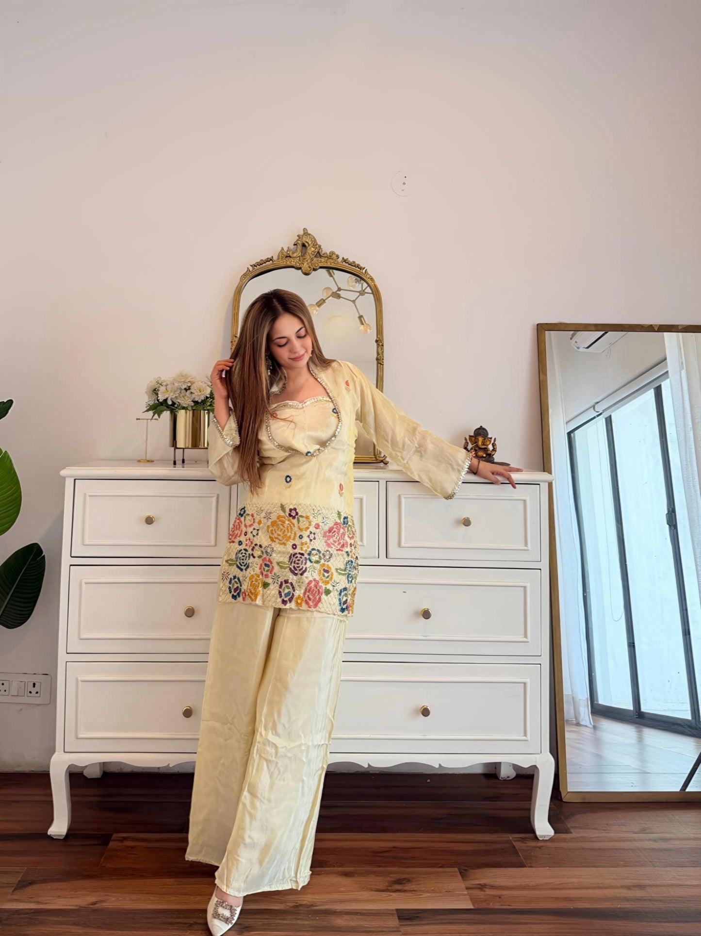 Ivory Floral Embroidered Co-Ord Set with Multicolour Threadwork