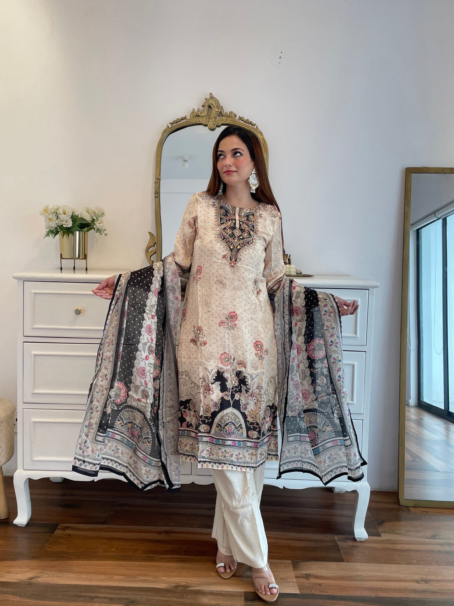 Cream Elegance Printed Embroidered Crap Suit Set