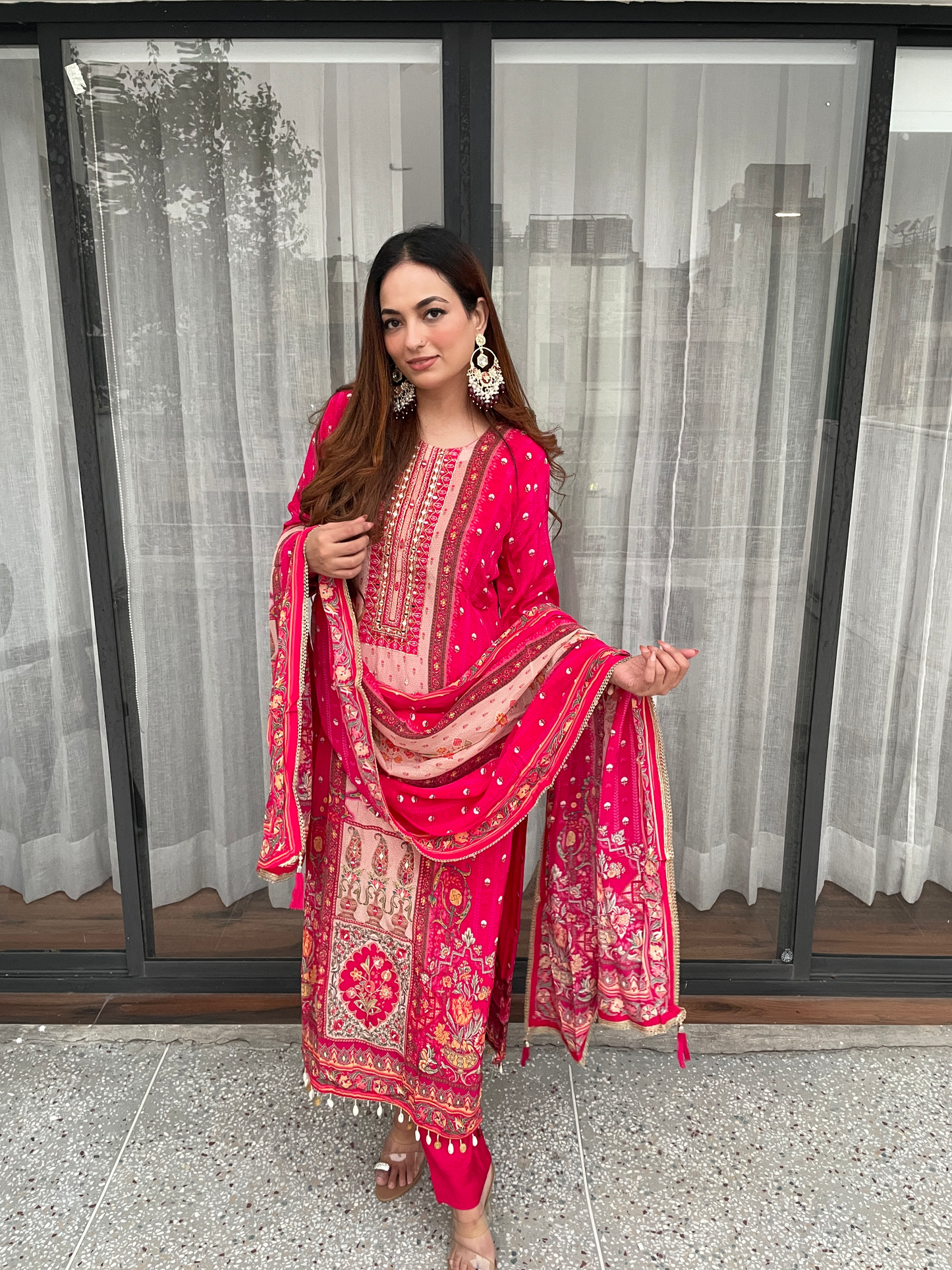 Hot Pink Embroidered Suit Set with Printed Dupatta