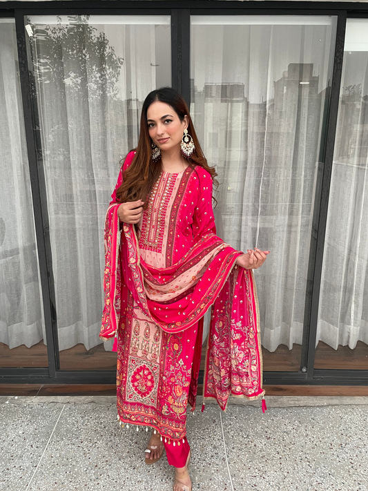Hot Pink Embroidered Suit Set with Printed Dupatta