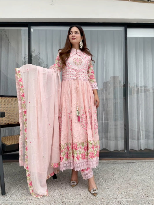Blush Pink Embroidered Anarkali Suit Set with Dupatta