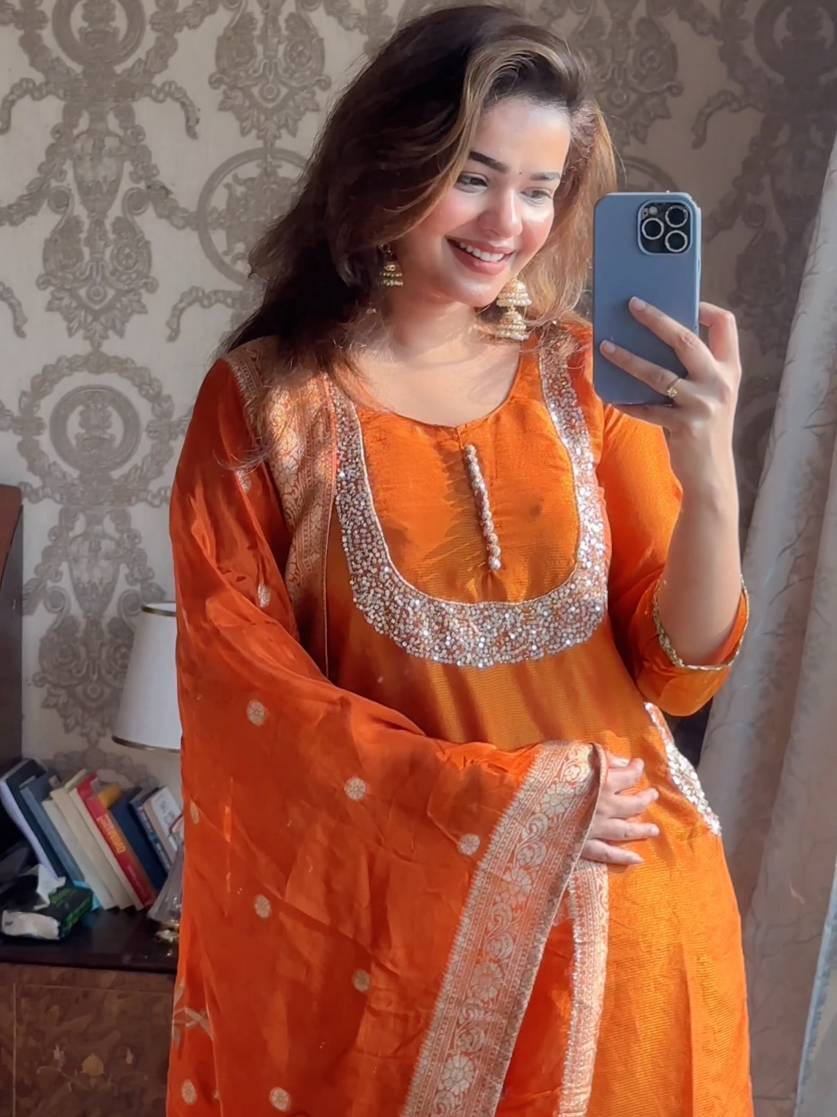 Rust Orange Embroidered Sharara Suit Set with Printed Dupatta