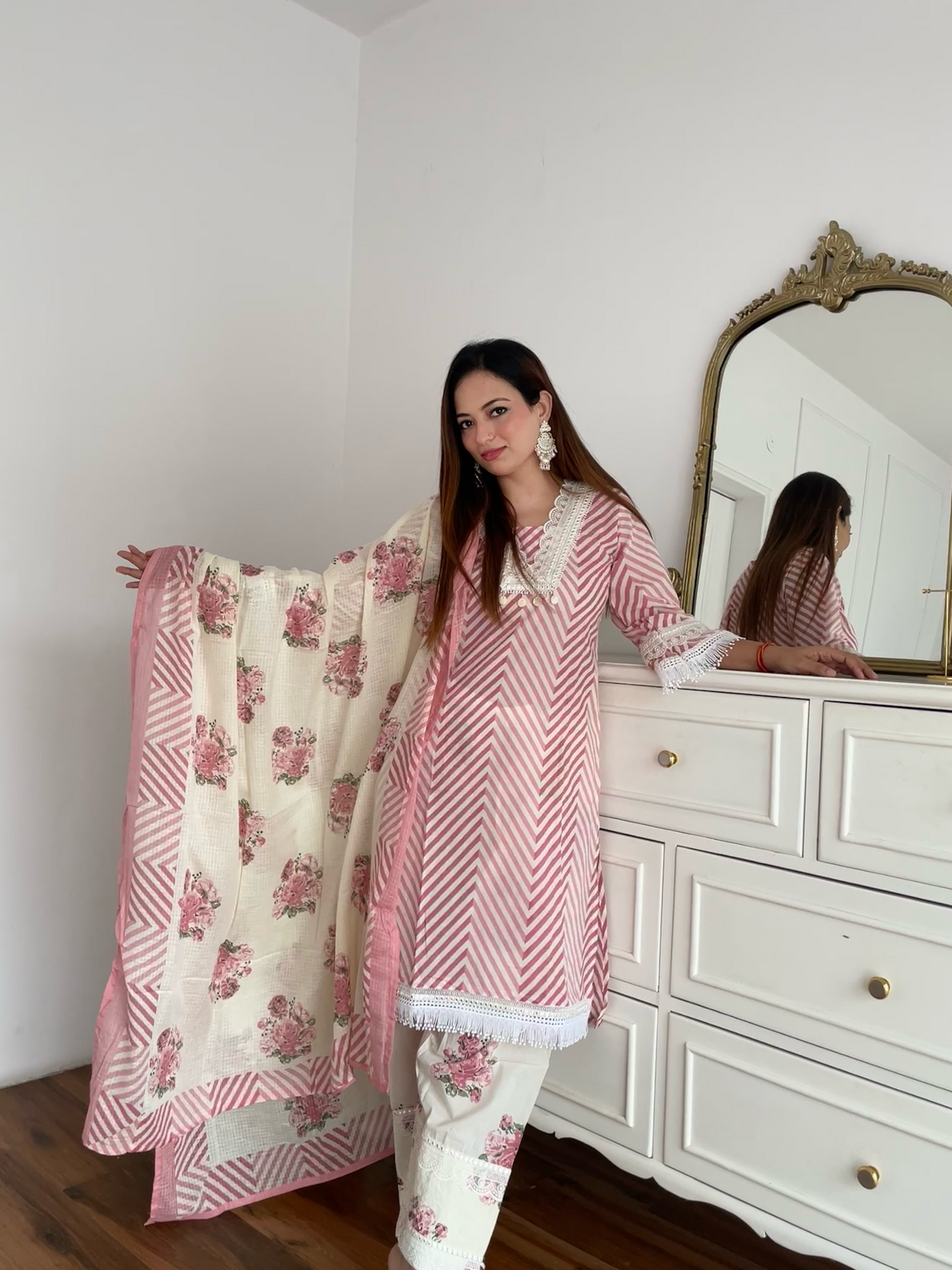 Pink Chevron Floral Embroidered Suit Set