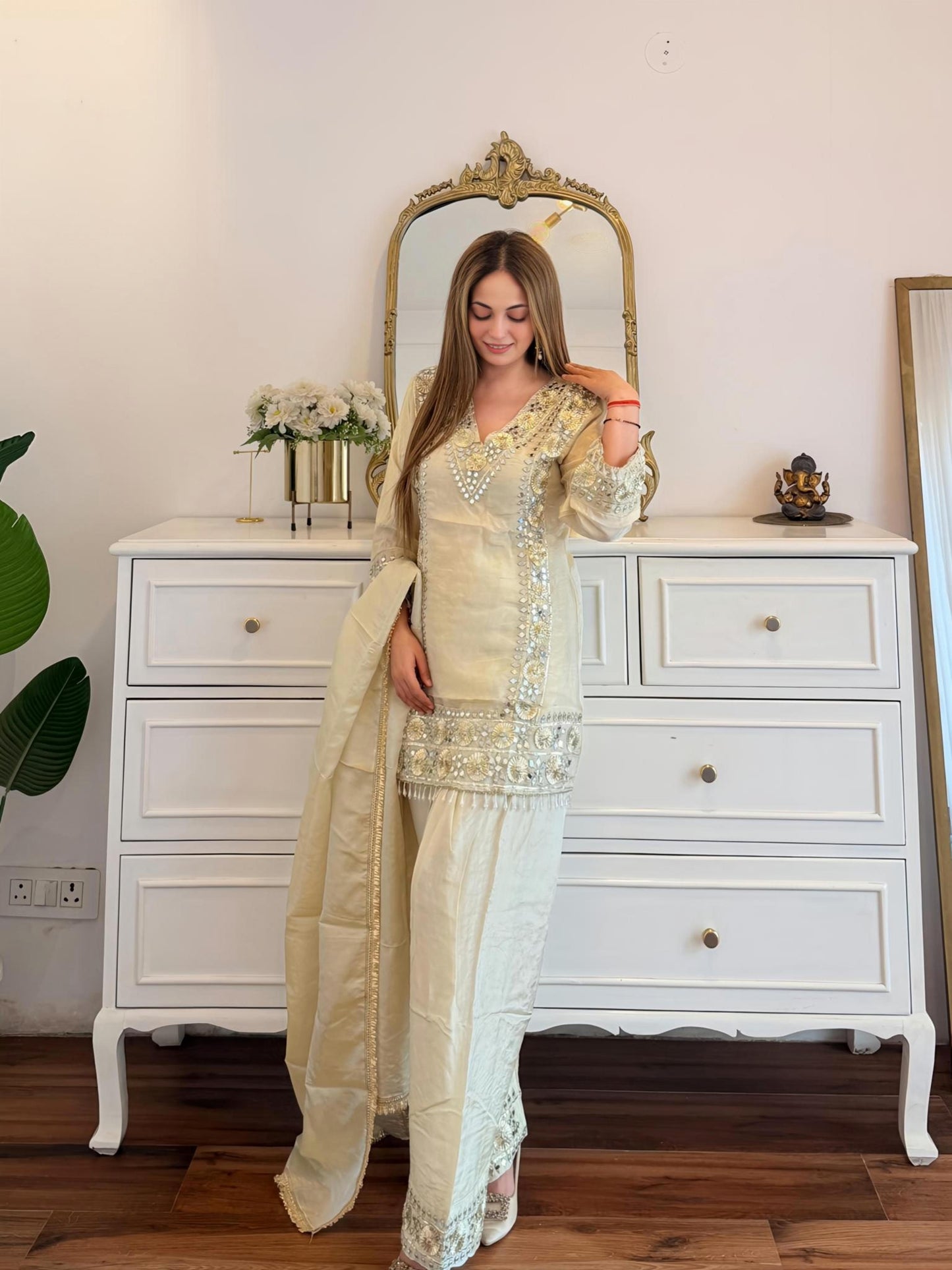 Ivory Mirror & Sequin Embellished Suit Set with Dupatta ✨