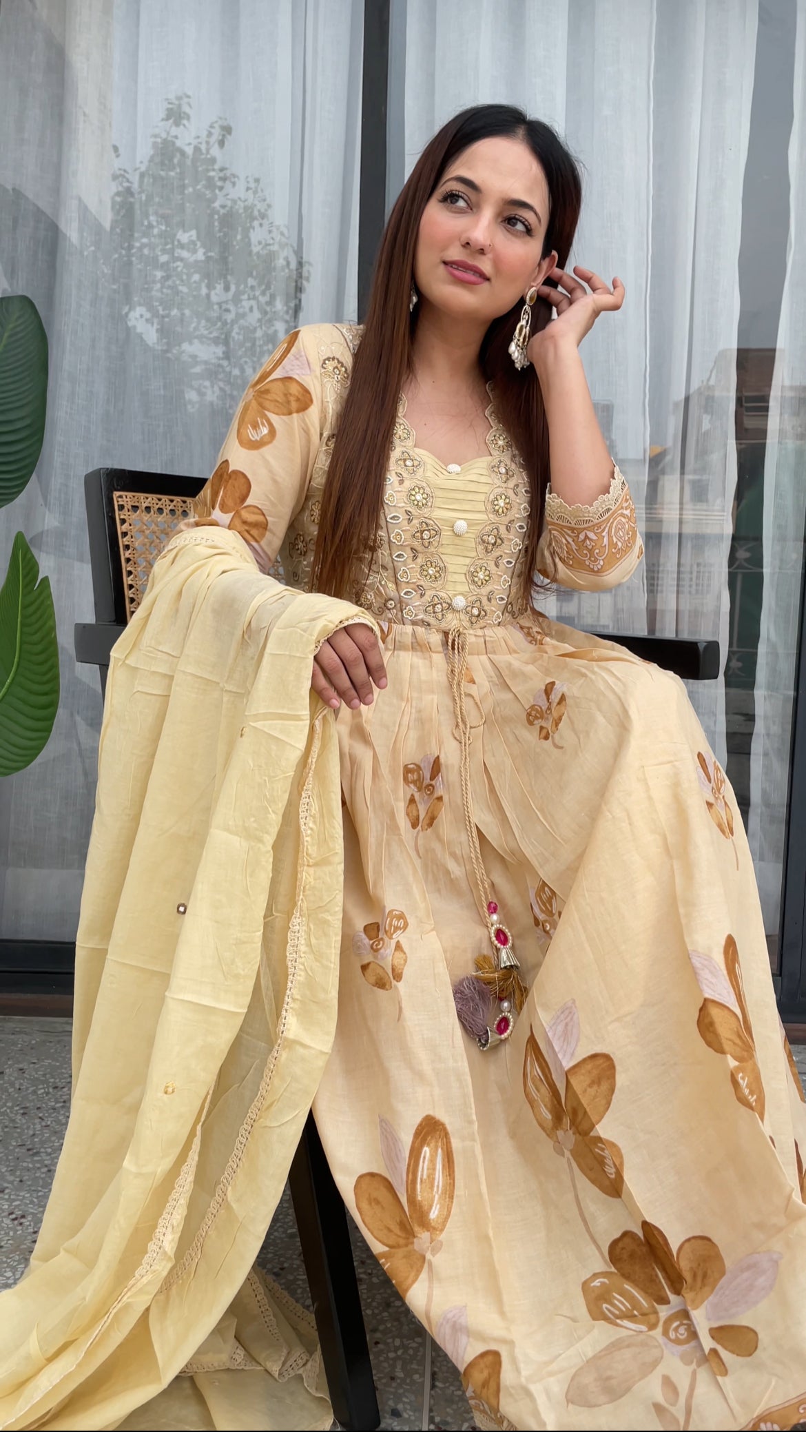 Golden Beige Floral Embroidered Frock Suit Set with Dupatta