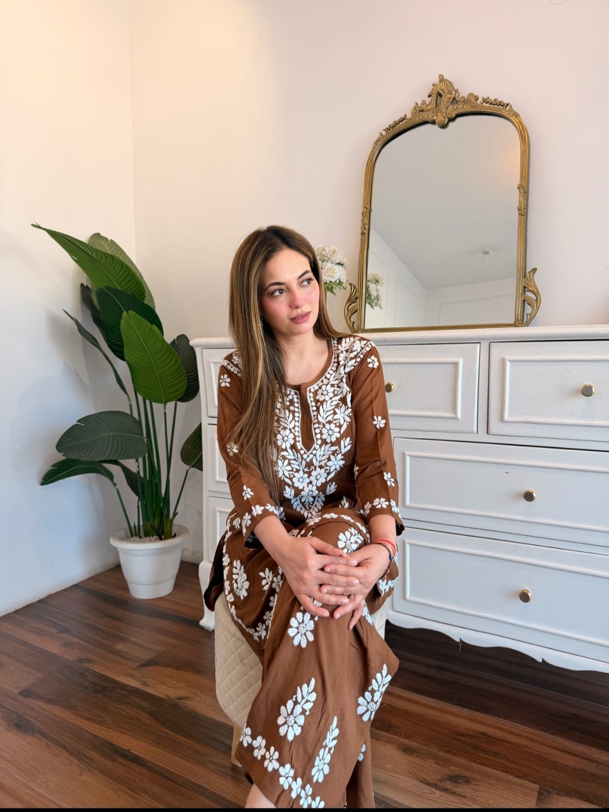 Brown Chikankari Embroidered Co-Ord Set