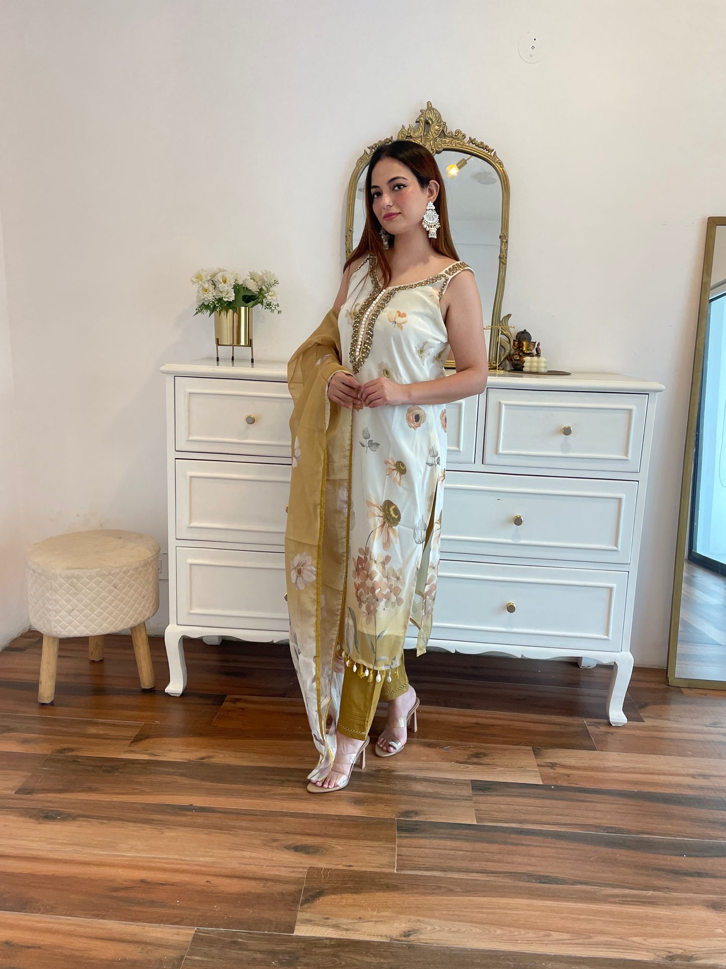 Mustard Floral Printed Suit Set with Mirror Work & Organza Dupatta