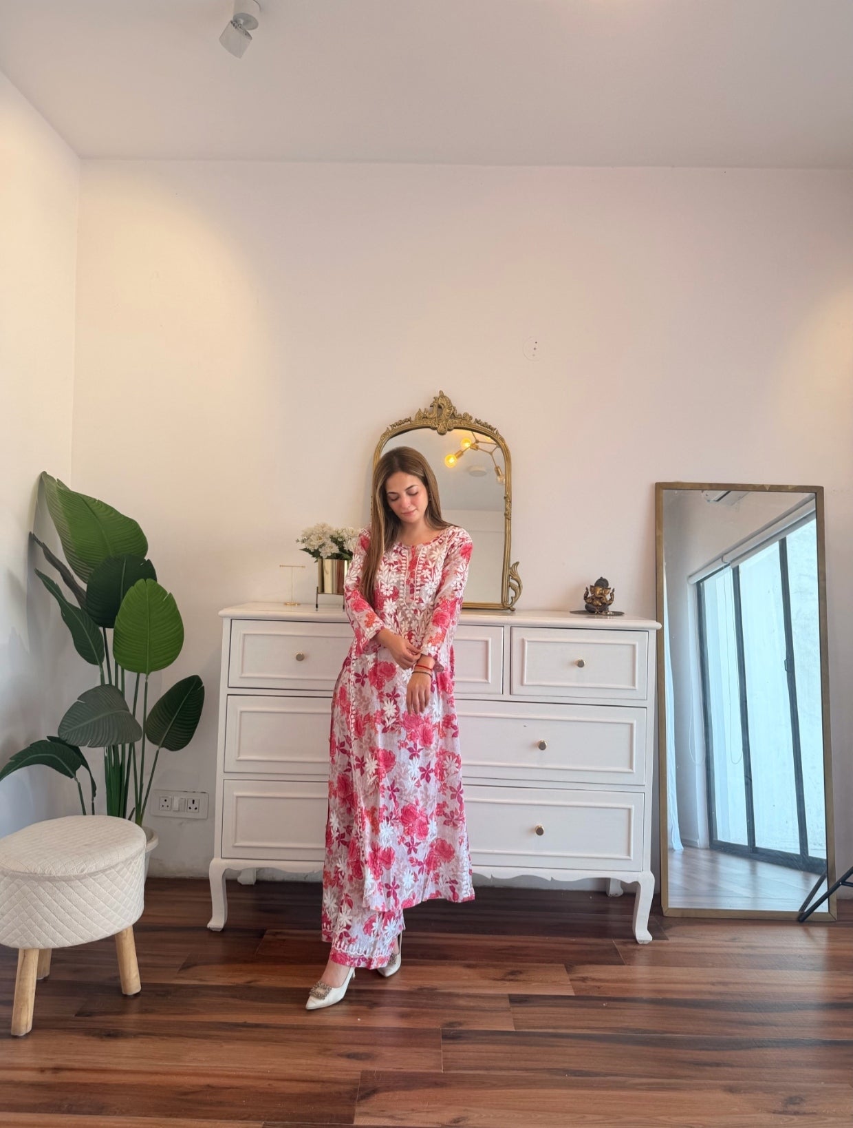 Pink Floral Chikankari Suit Set with Delicate Thread Embroidery