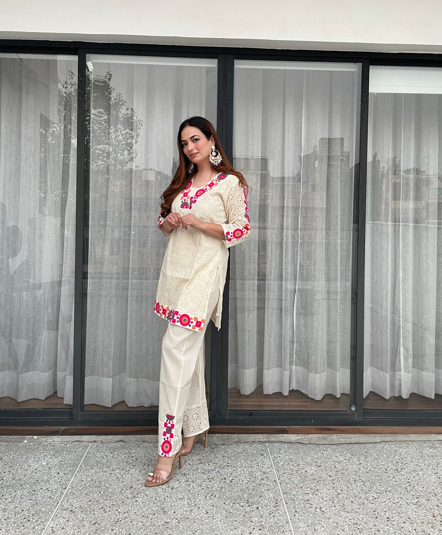 Cream Cotton Embroidered Co-ord Set with Multicolor Detailing