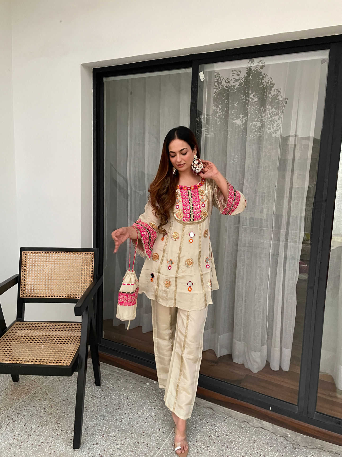 Beige Embroidered Co-ord Set with Mirror Work & Potli Bag