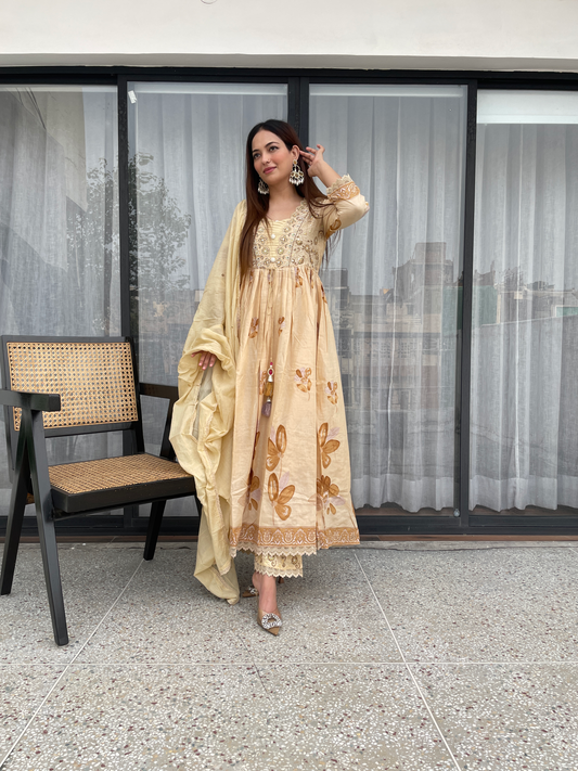 Golden Beige Floral Embroidered Frock Suit Set with Dupatta