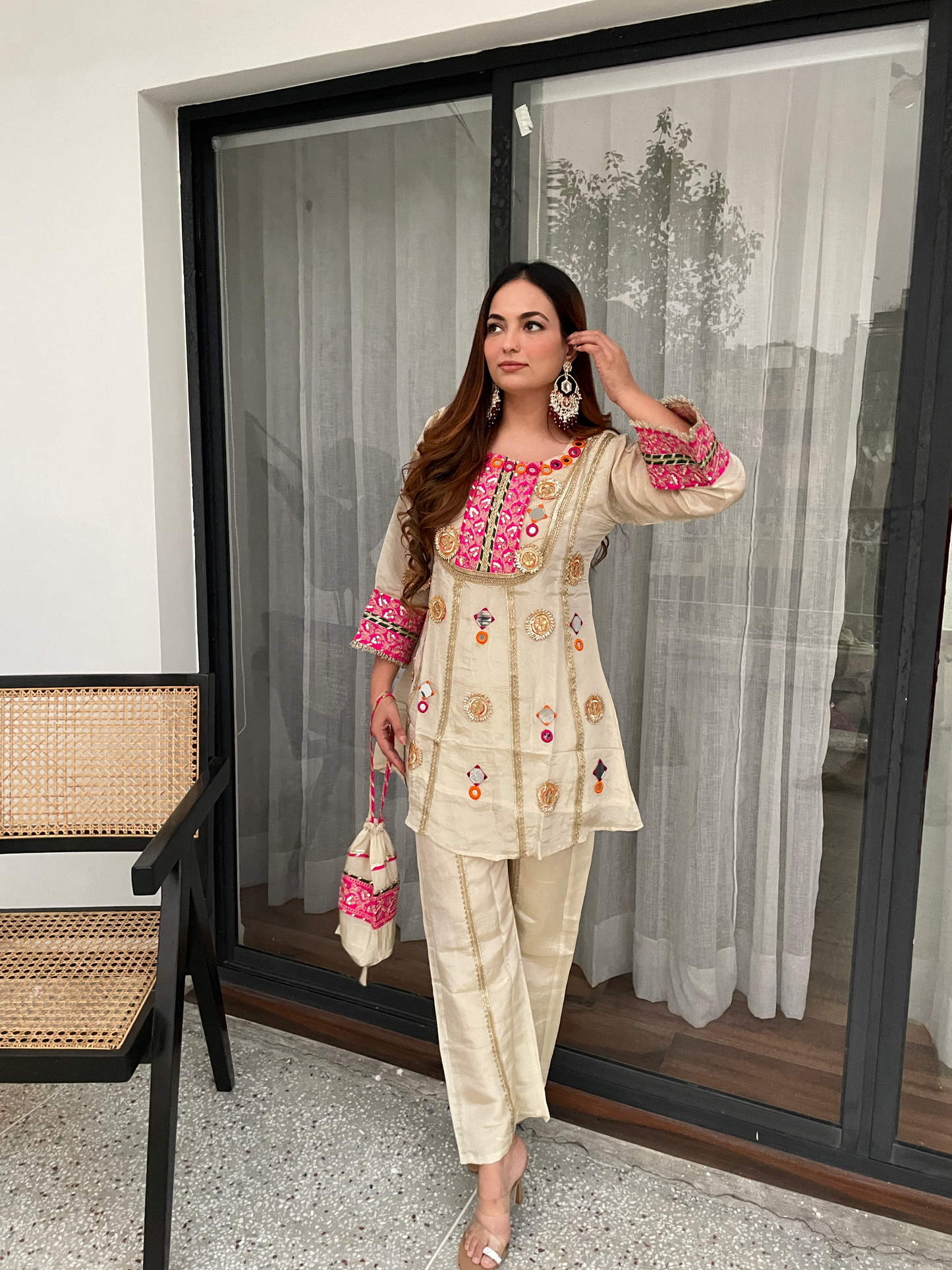 Beige Embroidered Co-ord Set with Mirror Work & Potli Bag