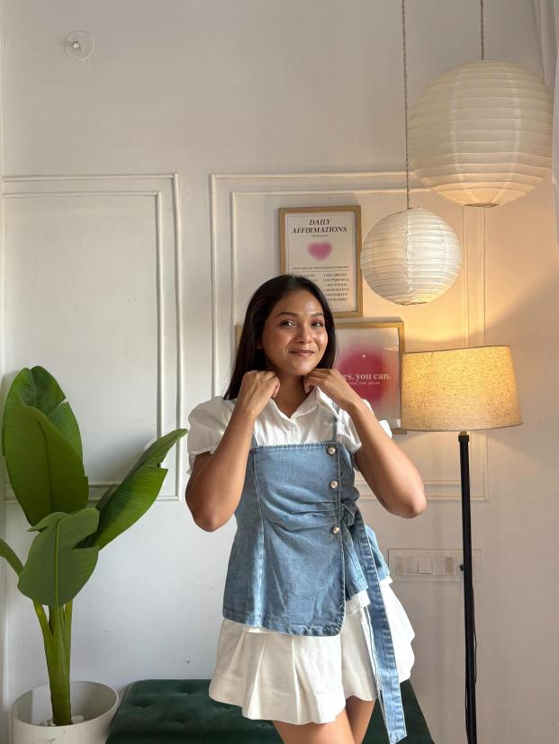 Light Blue Denim Corset Wrap Top with Waist Tie Belt