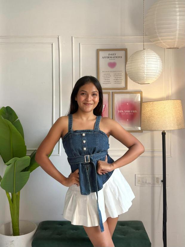 Dark Blue Denim Corset Top with Buckle Belt