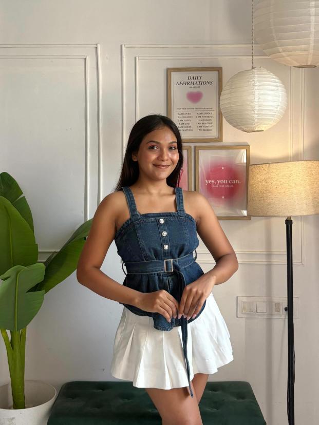 Dark Blue Denim Corset Top with Buckle Belt