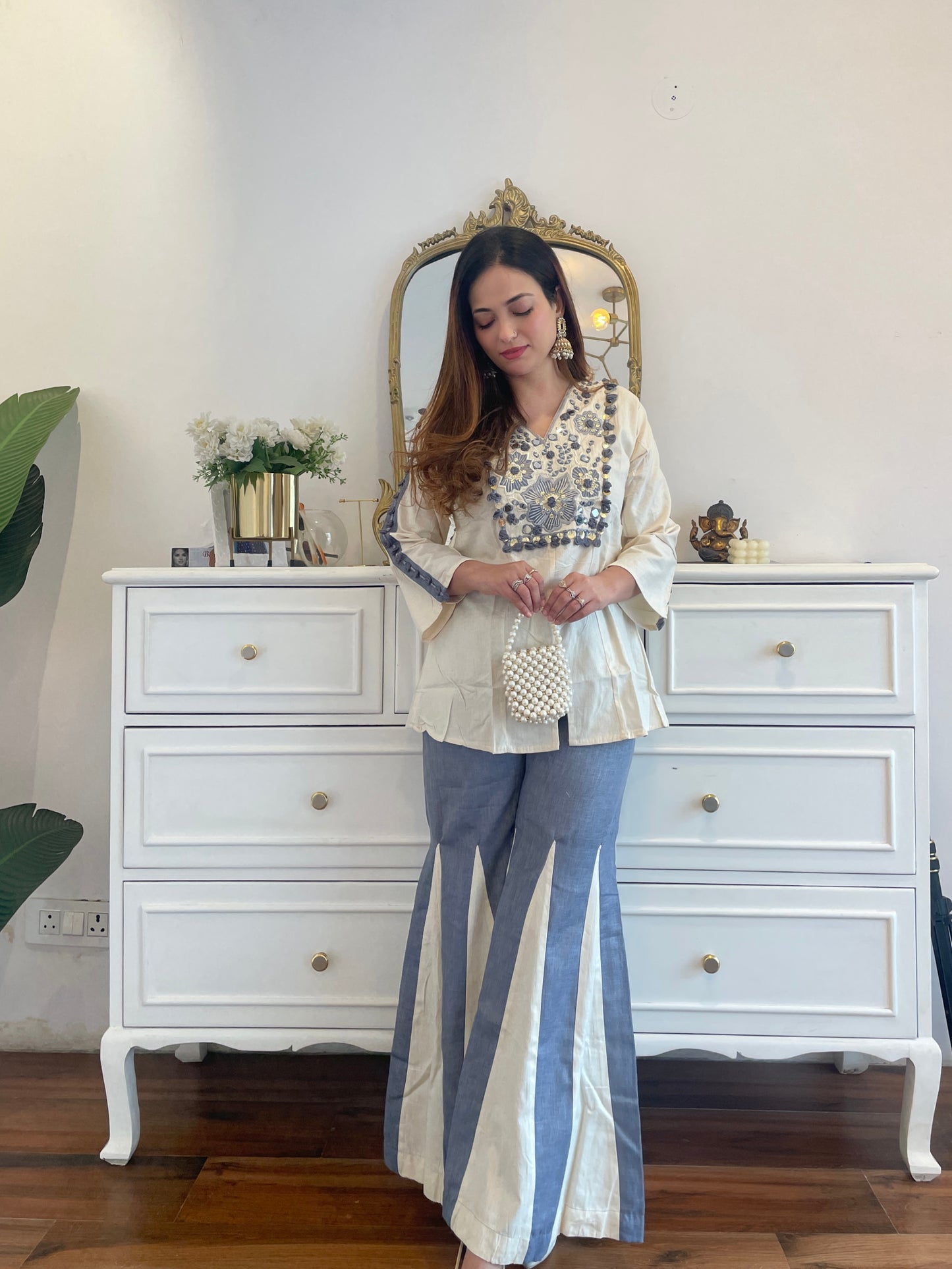 Ivory & Blue Embroidered co-ord Set with Statement Flared Pants