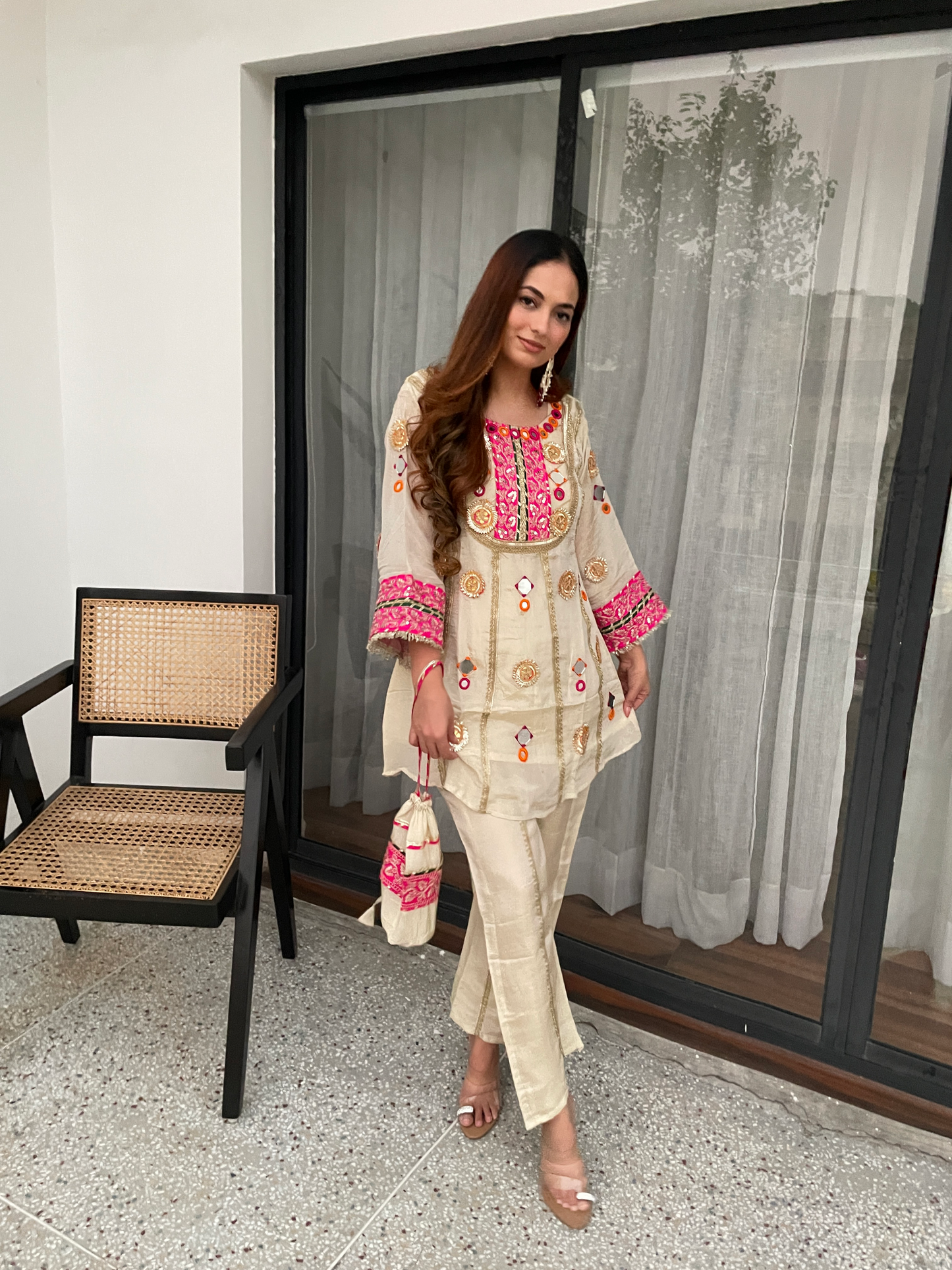 Beige Embroidered Co-ord Set with Mirror Work & Potli Bag