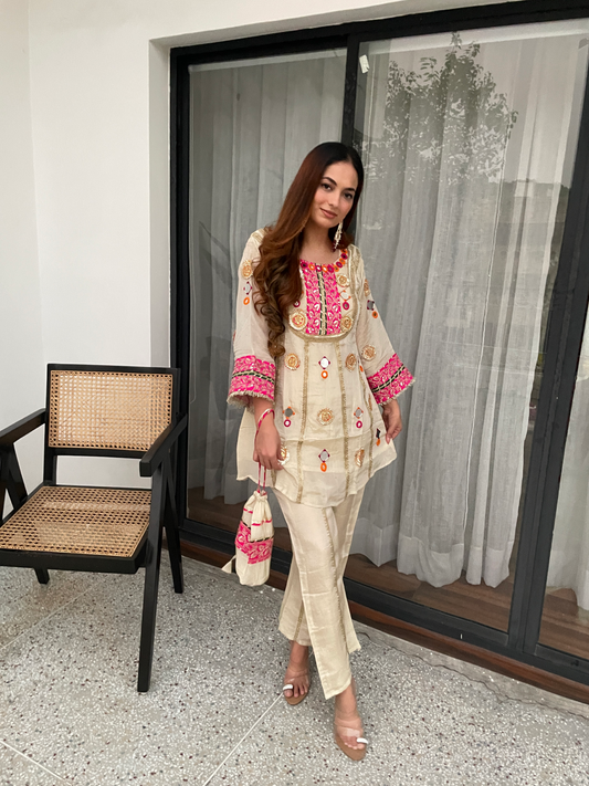 Beige Embroidered Co-ord Set with Mirror Work & Potli Bag