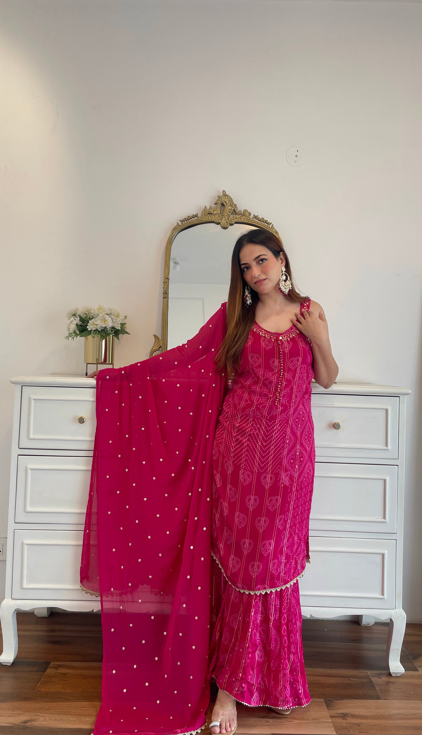 Rani Pink Bandhej Embroidered Sharara Set