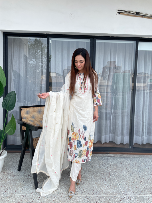 Elegant Off-White Floral Embroidered Suit Set