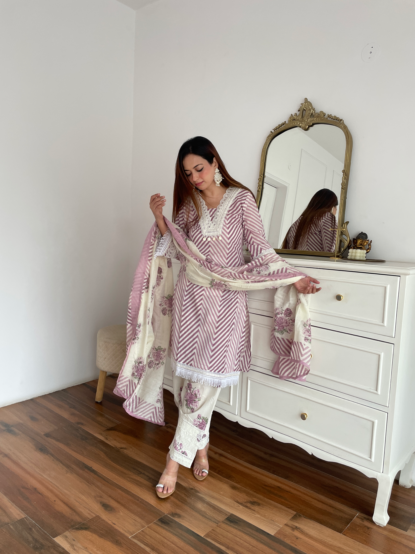 Purple Chevron Floral Embroidered Suit Set