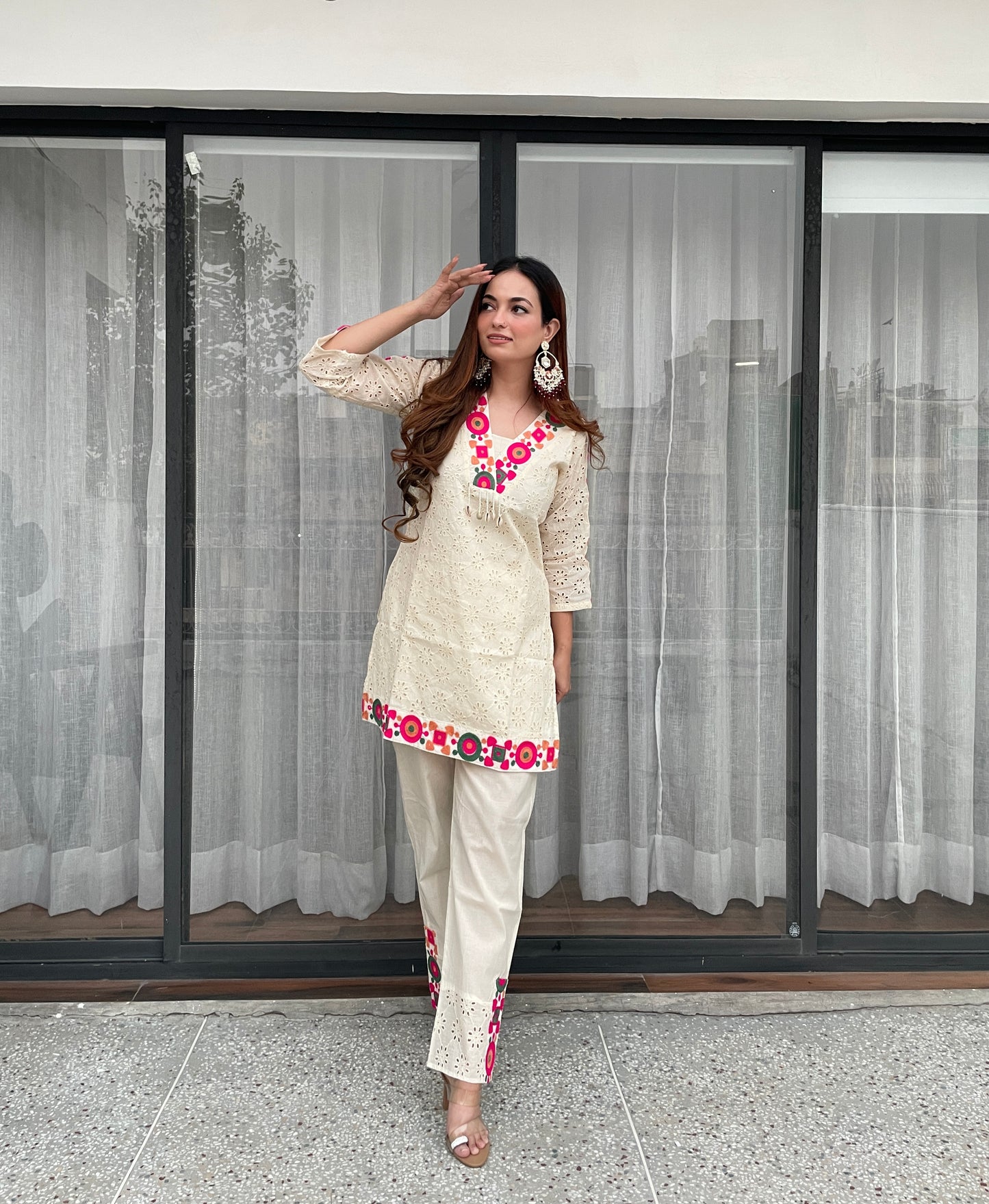 Cream Cotton Embroidered Co-ord Set with Multicolor Detailing