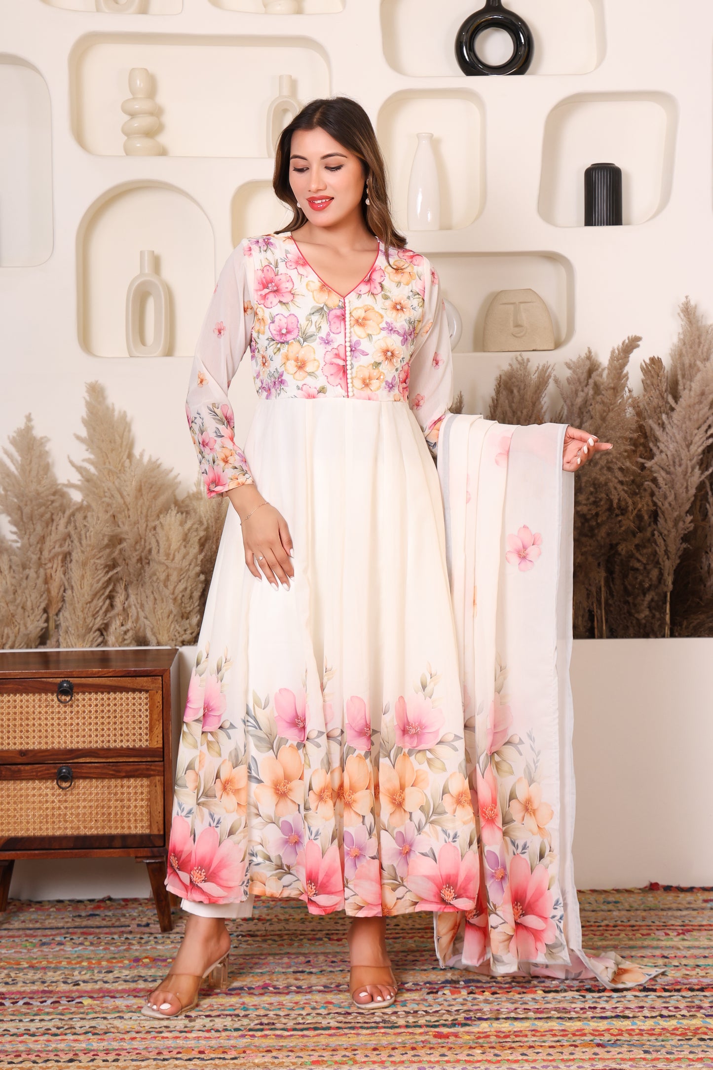 Ivory Blossom Floral Anarkali Set