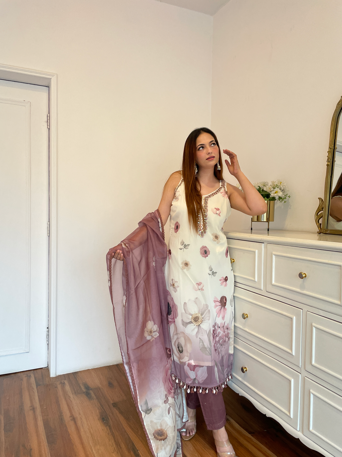 Onion Floral Printed Suit Set with Mirror Work & Organza Dupatta