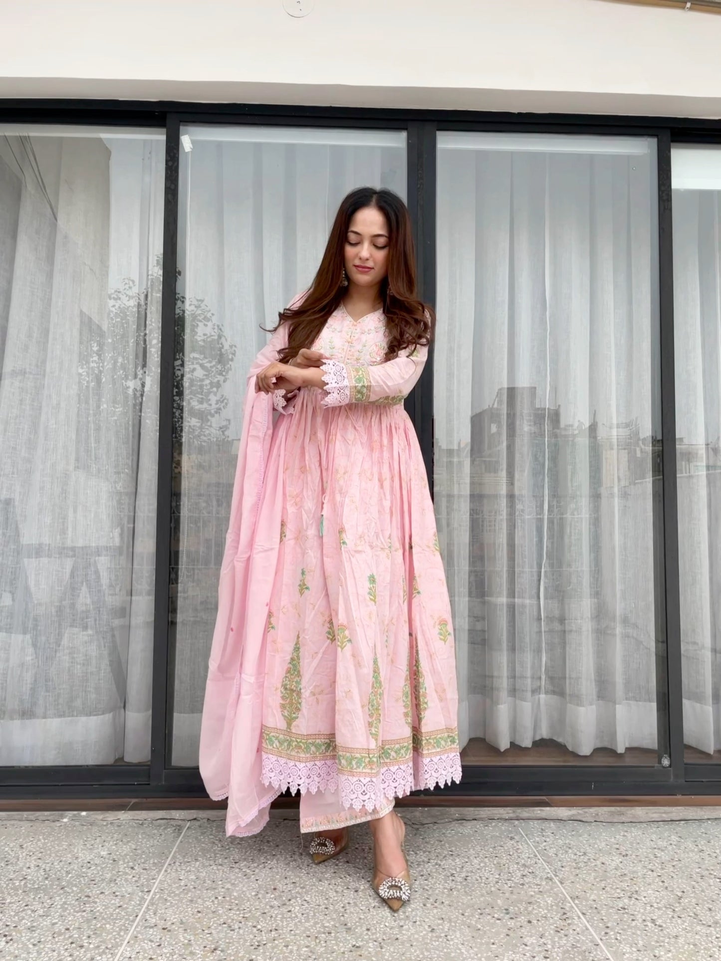 Blush Pink Floral Embroidered Anarkali Set