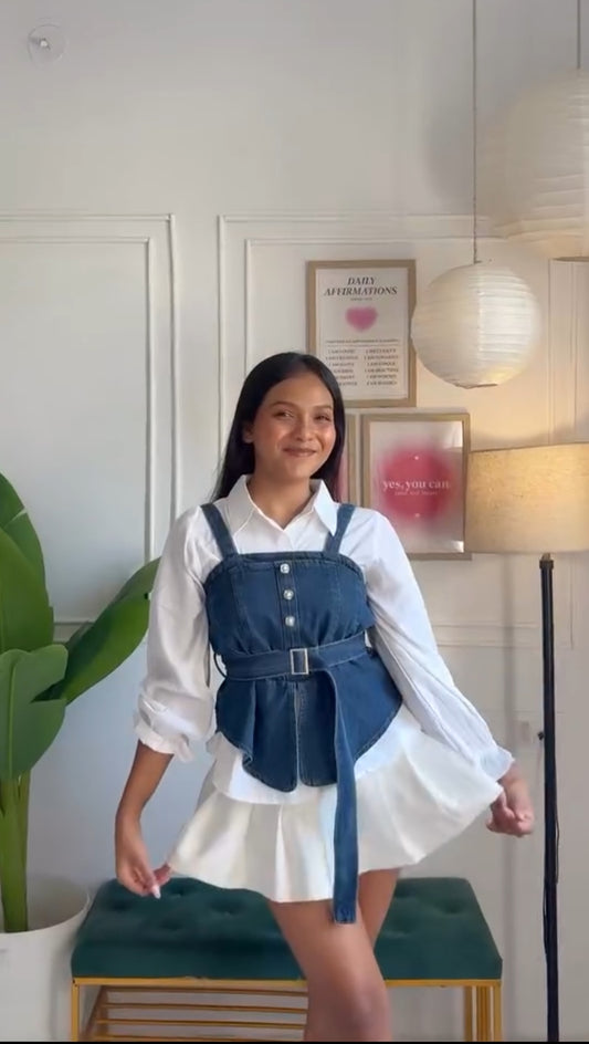 Dark Blue Denim Corset Top with Buckle Belt