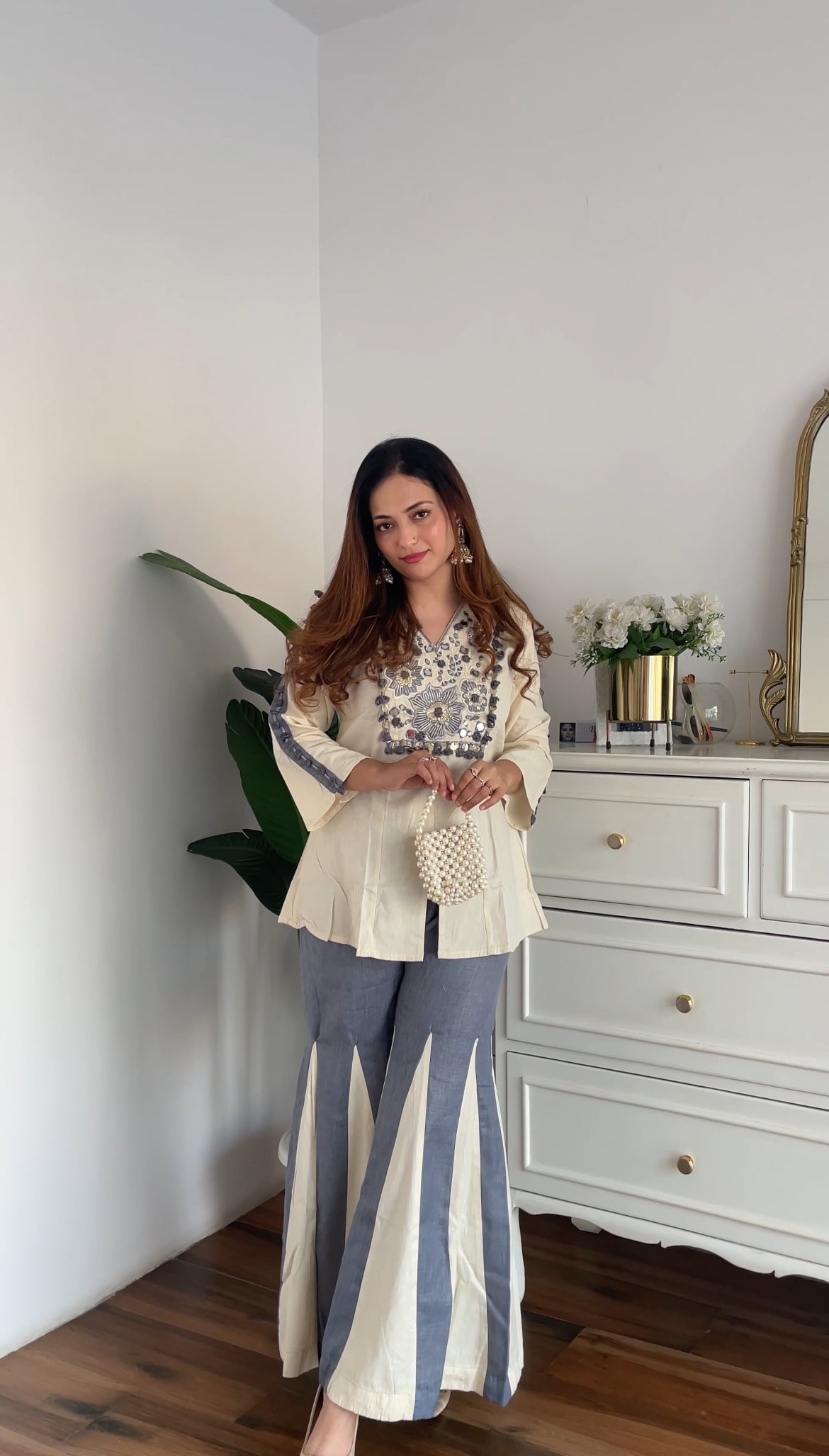 Ivory & Blue Embroidered co-ord Set with Statement Flared Pants