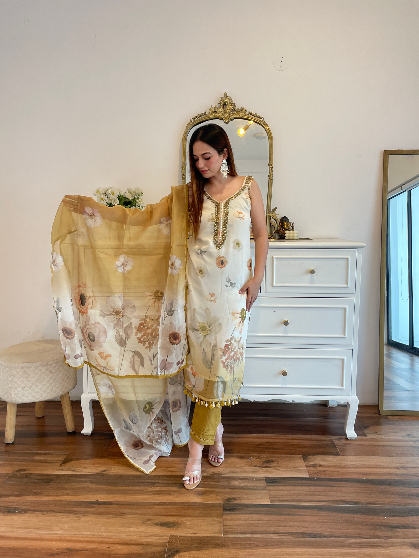 Mustard Floral Printed Suit Set with Mirror Work & Organza Dupatta