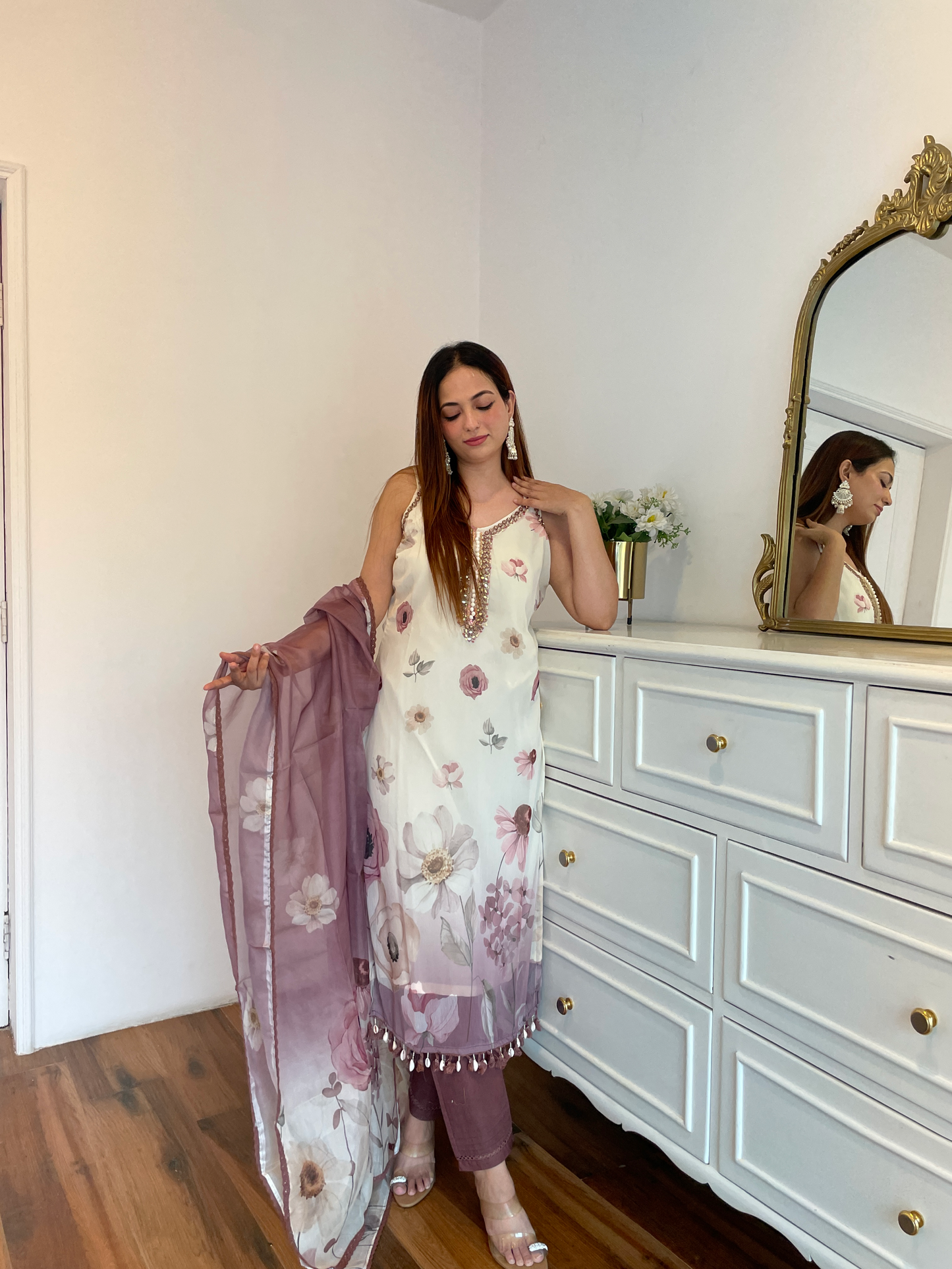 Onion Floral Printed Suit Set with Mirror Work & Organza Dupatta