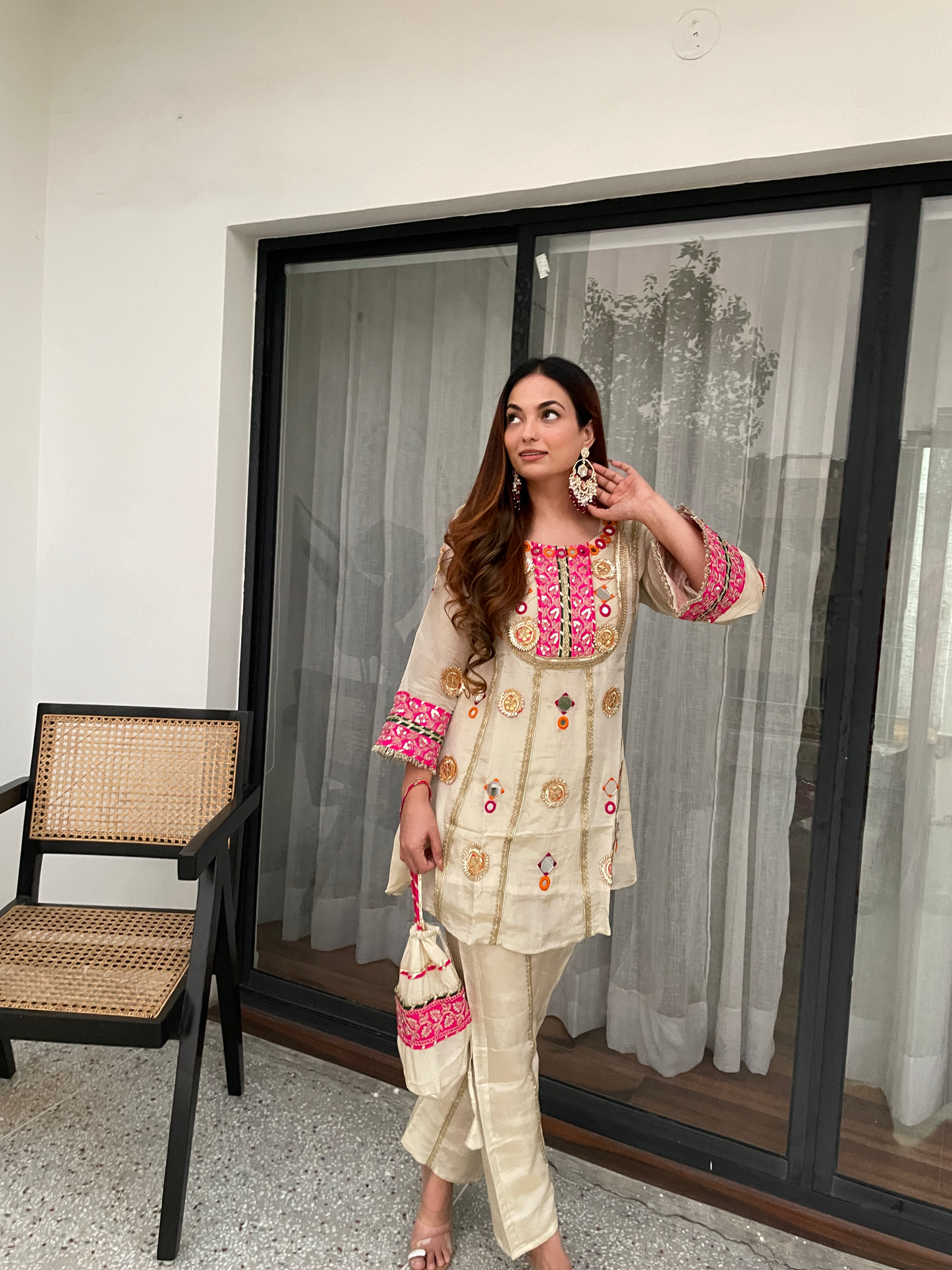 Beige Embroidered Co-ord Set with Mirror Work & Potli Bag