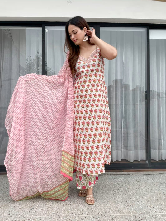 Elegant Off-White Floral Printed Suit Set