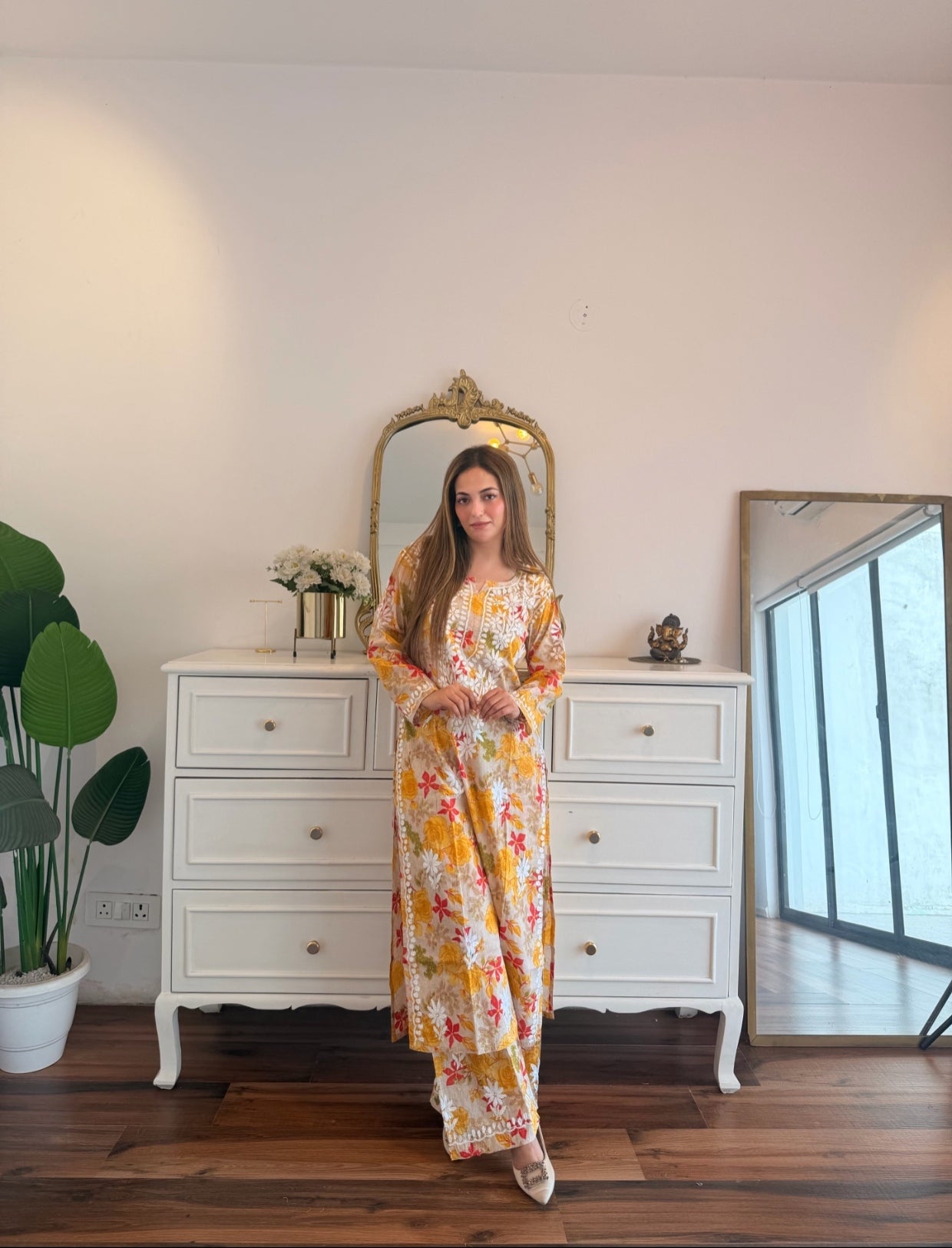 Yellow & White Floral Chikankari Suit Set with Vibrant Embroidery
