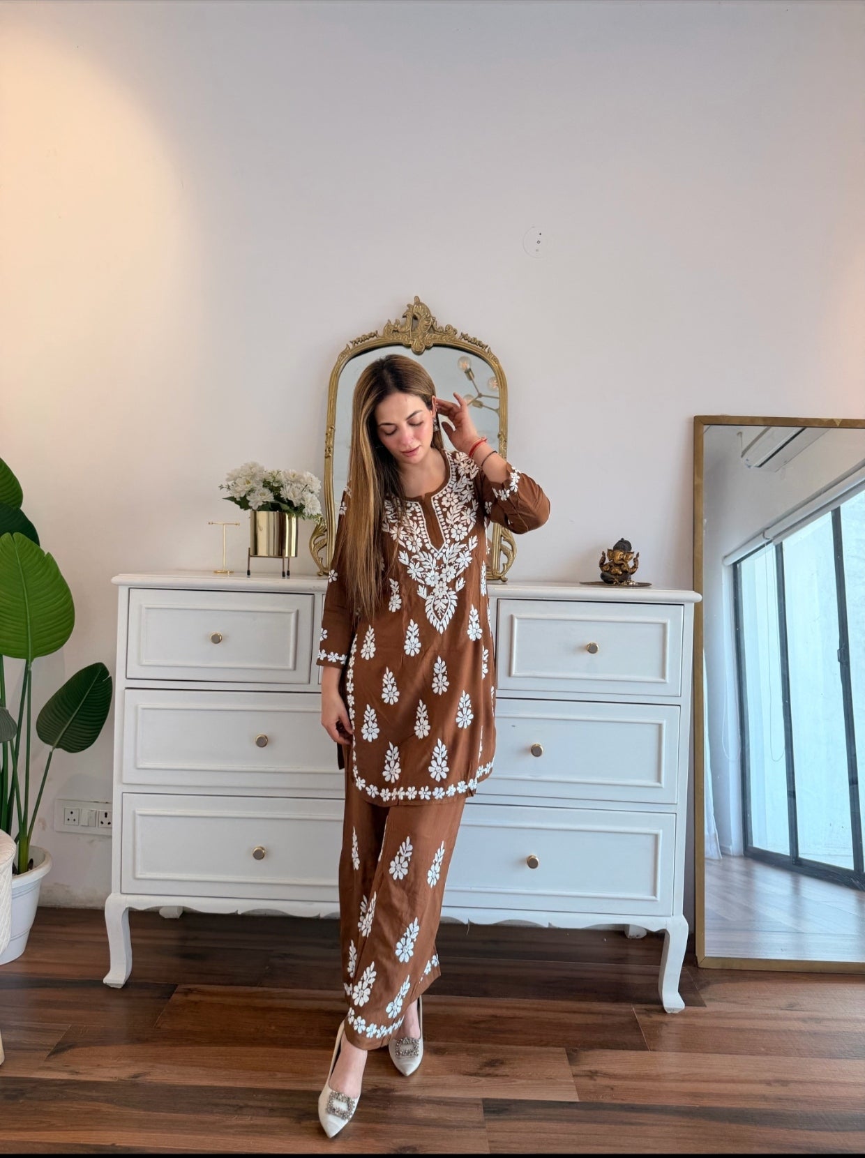 Brown Chikankari Embroidered Co-Ord Set