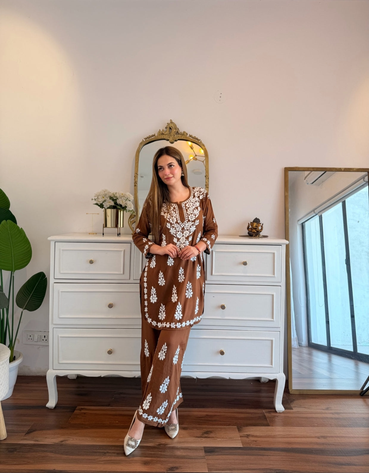 Brown Chikankari Embroidered Co-Ord Set