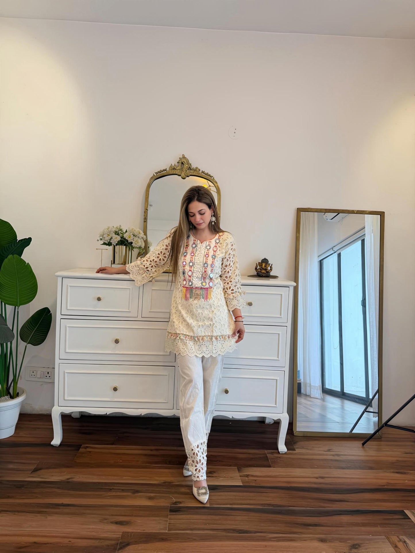 Ivory Cutwork Embroidered Co-Ord Set with Multicolour Neckline Detailing ✨