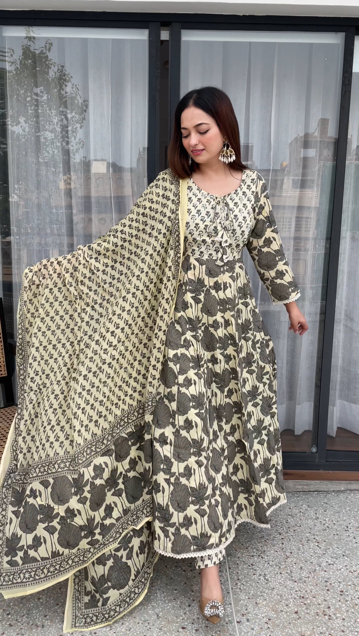 Elegant Beige Floral Printed Cotton Anarkali Suit Set