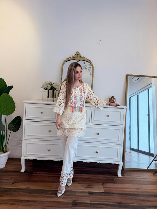 Ivory Cutwork Embroidered Co-Ord Set with Multicolour Neckline Detailing ✨