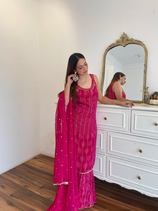 Rani Pink Bandhej Embroidered Sharara Set