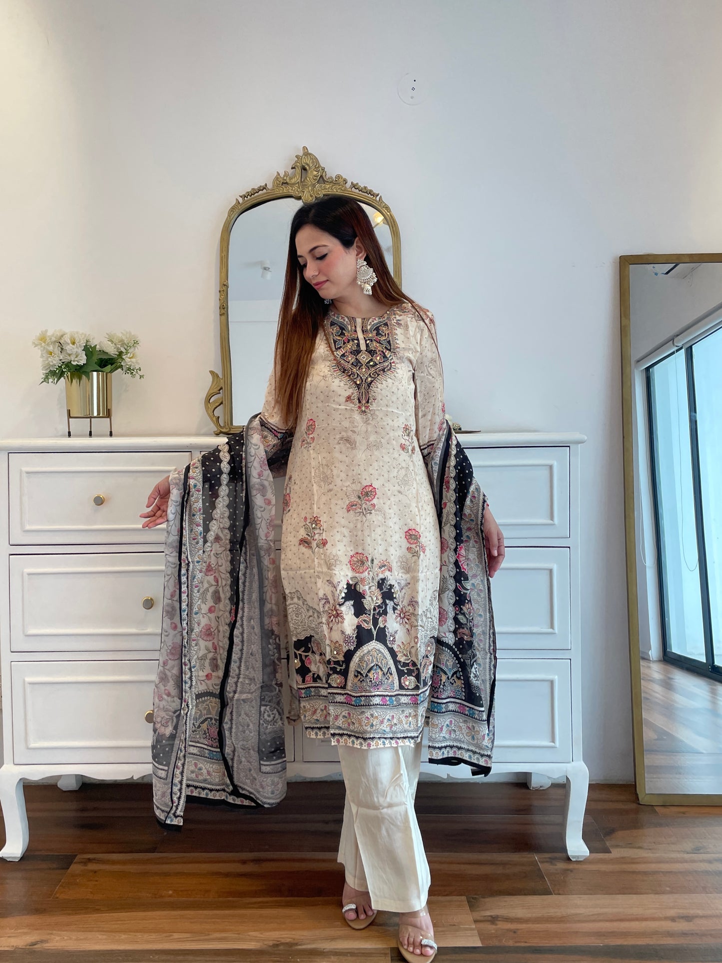 Cream Elegance Printed Embroidered Crap Suit Set
