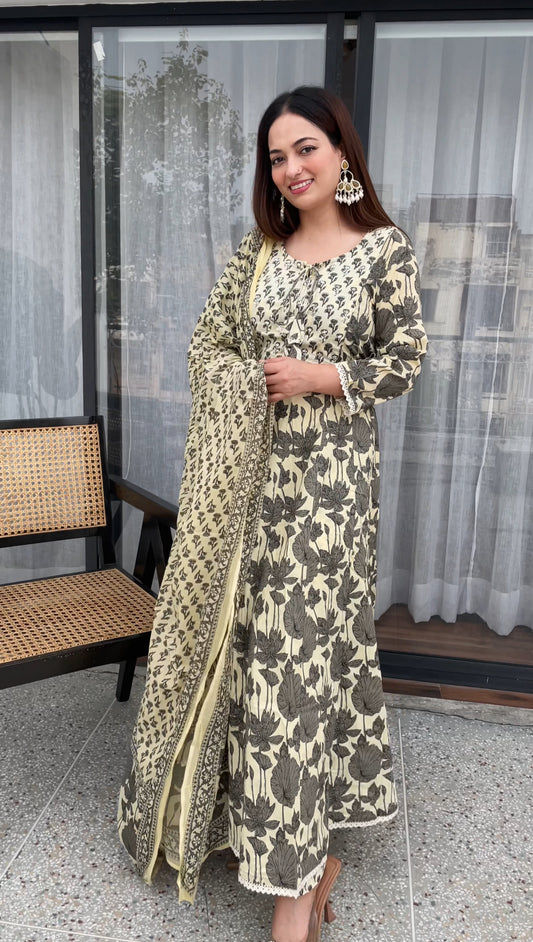 Elegant Beige Floral Printed Cotton Anarkali Suit Set