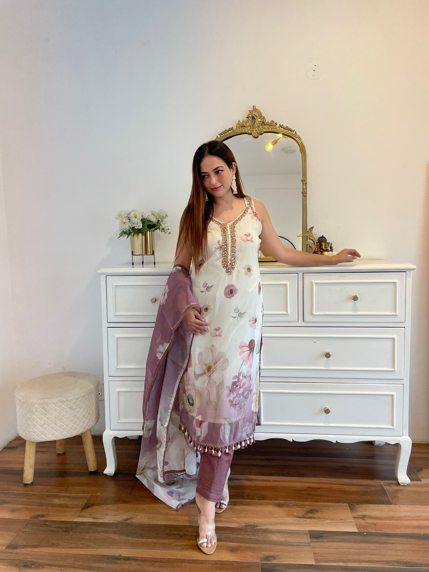 Onion Floral Printed Suit Set with Mirror Work & Organza Dupatta