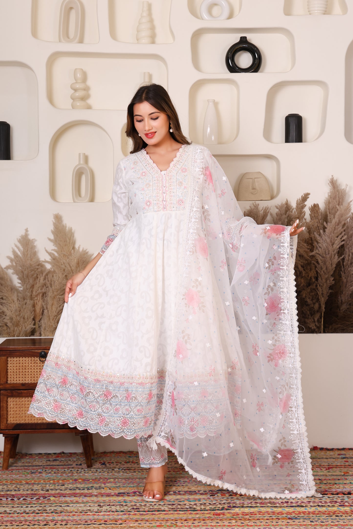 White Blossom Embroidered Suit Set