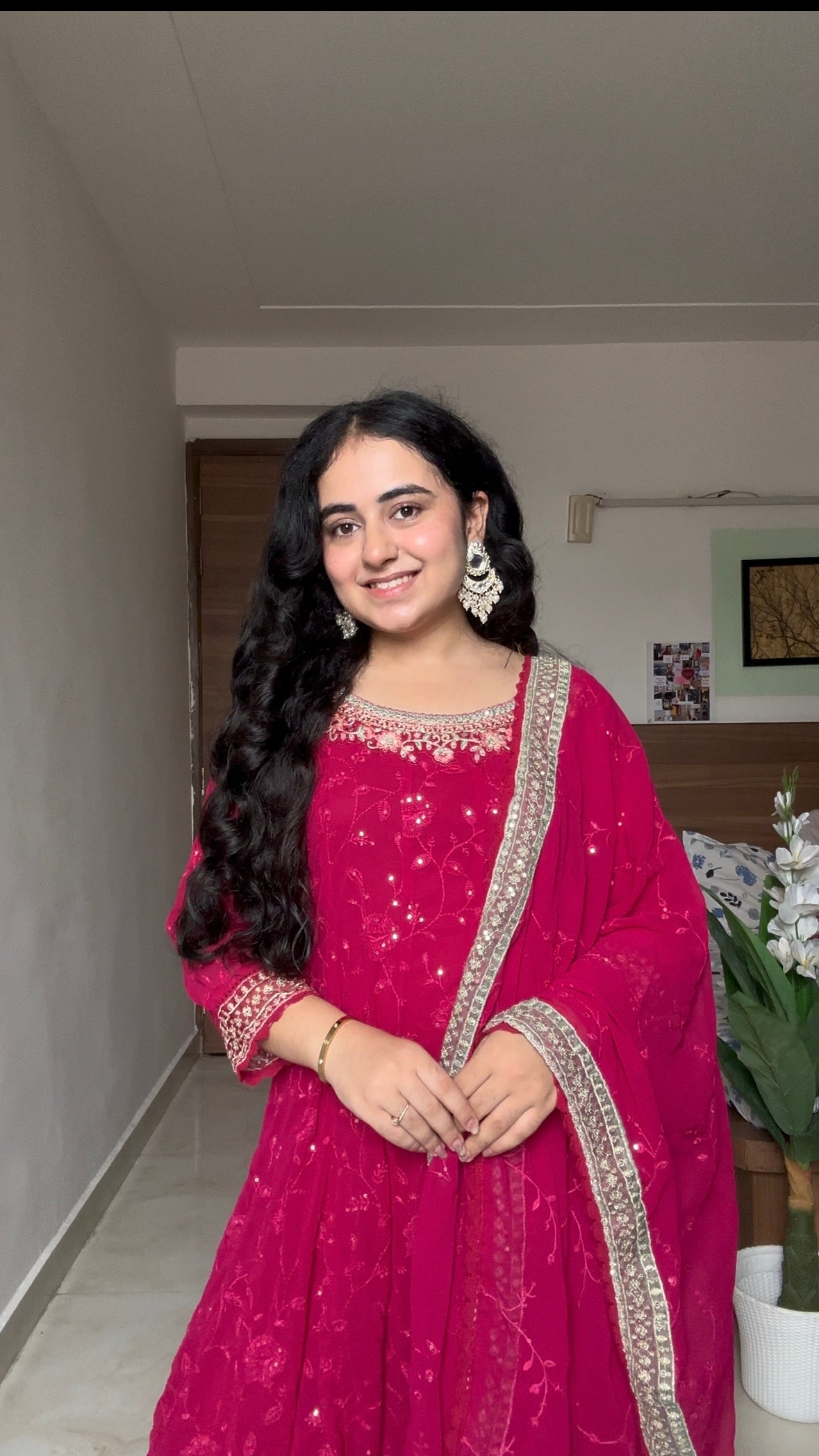 Deep Rose Red Embroidered Anarkali Suit Set with Dupatta